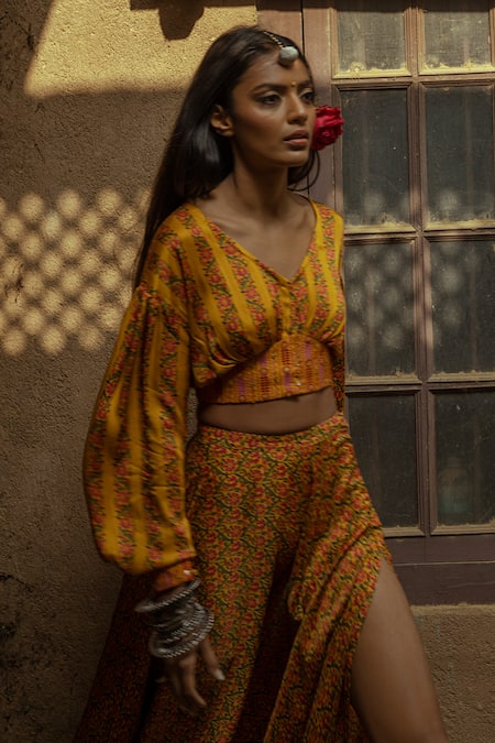 Punit Balana_Yellow Satin Silk Printed Crop Top And Skirt Set _Online_at_Aza_Fashions