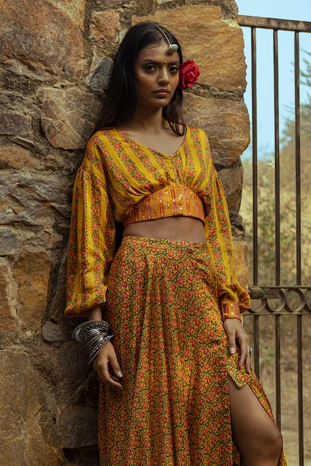 Buy_Punit Balana_Yellow Satin Silk Printed Crop Top And Skirt Set _Online_at_Aza_Fashions