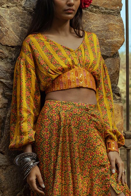 Shop_Punit Balana_Yellow Satin Silk Printed Crop Top And Skirt Set _Online_at_Aza_Fashions
