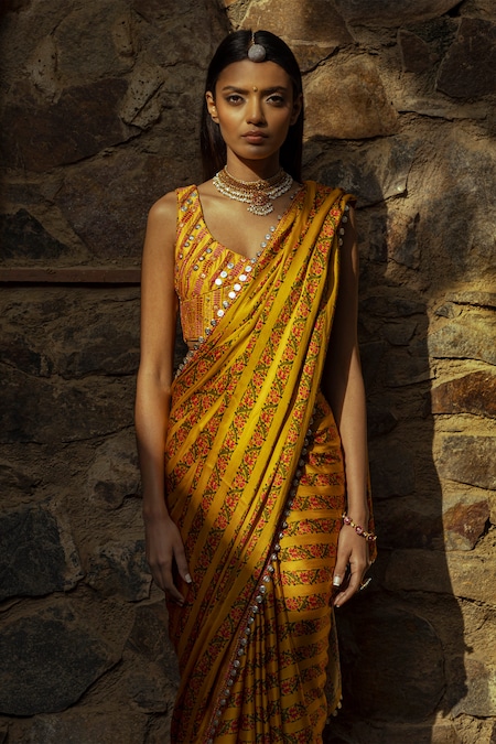 Shorshe Clothing Ambi Bangalore Silk Saree With Blouse | Yellow, Zardozi,  Saree, Round, Three Quarter Sleeves | Yellow saree, Aza fashion, Saree