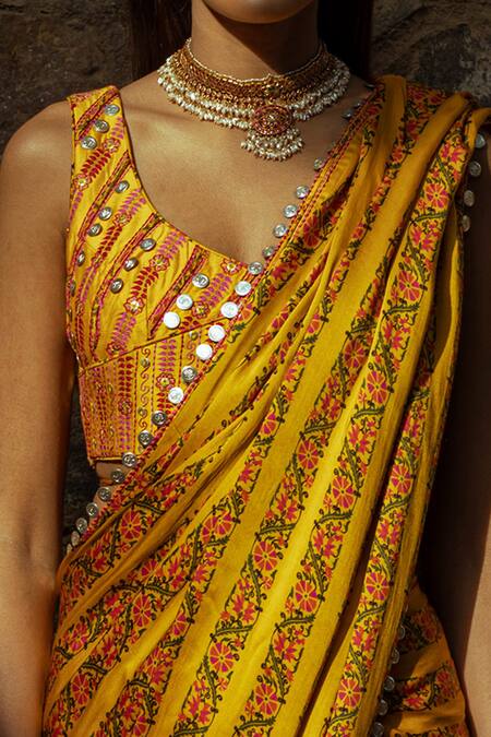 Shop_Punit Balana_Yellow Satin Silk Printed Saree With Blouse _Online_at_Aza_Fashions