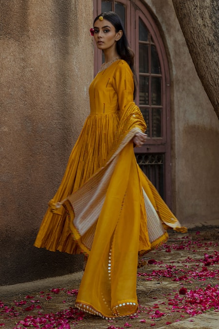 Punit Balana_Yellow Silk Chanderi Anarkali Set _Online_at_Aza_Fashions