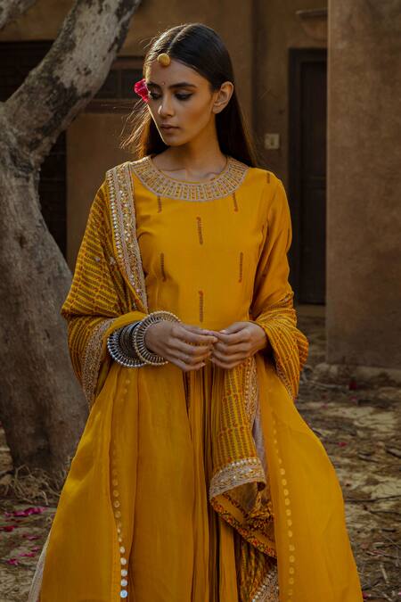 Buy_Punit Balana_Yellow Silk Chanderi Anarkali Set _Online_at_Aza_Fashions