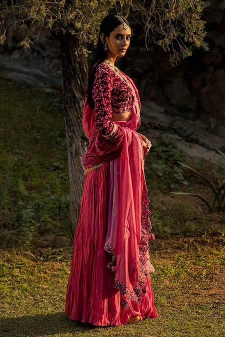 Punit Balana_Maroon Blouse Velvet Dupatta Organza Silk Crushed Lehenga Set _Online_at_Aza_Fashions