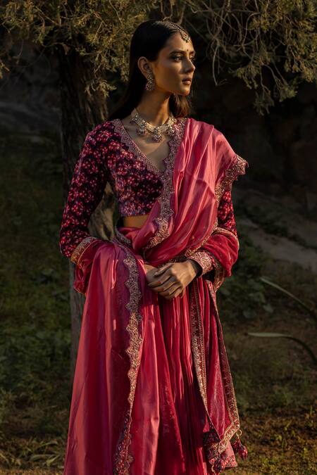 Shop_Punit Balana_Maroon Blouse Velvet Dupatta Organza Silk Crushed Lehenga Set _Online_at_Aza_Fashions