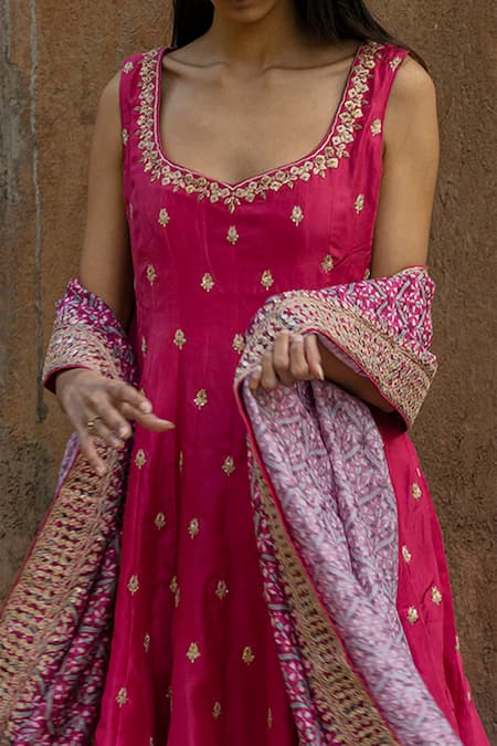 Punit Balana_Maroon Silk Chanderi Dhoti Pant Velvet Anarkali And Set _Online_at_Aza_Fashions