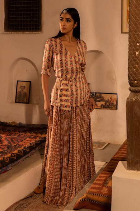 PUNIT BALANA Satin Silk Printed Wrap Top & Skirt Set 