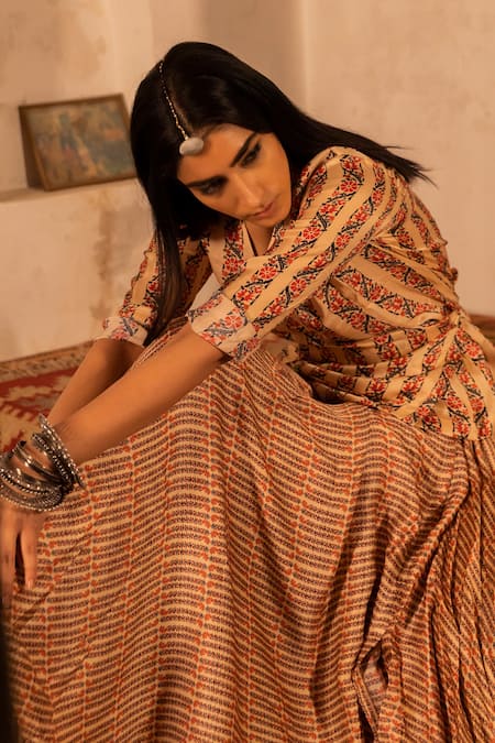 Punit Balana_Yellow Satin Silk Printed Wrap Top And Skirt Set _Online_at_Aza_Fashions