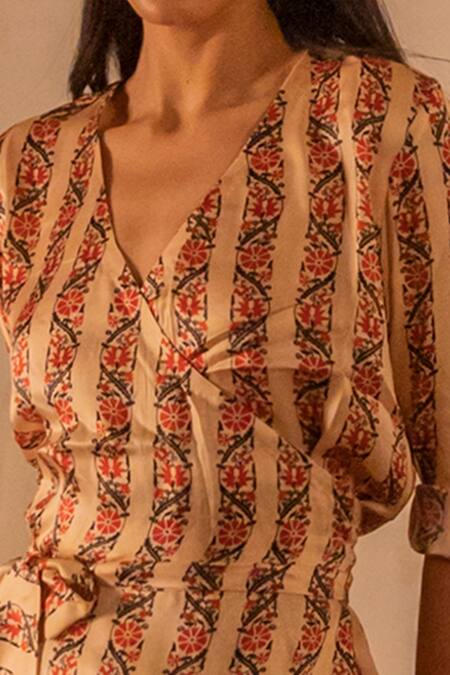 Shop_Punit Balana_Yellow Satin Silk Printed Wrap Top And Skirt Set _Online_at_Aza_Fashions