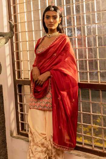 Buy_Punit Balana_Yellow Satin  Dupatta Organza Kurta And Dhoti Pant Set _Online_at_Aza_Fashions