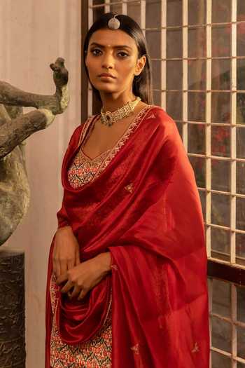 Shop_Punit Balana_Yellow Satin  Dupatta Organza Kurta And Dhoti Pant Set _Online_at_Aza_Fashions