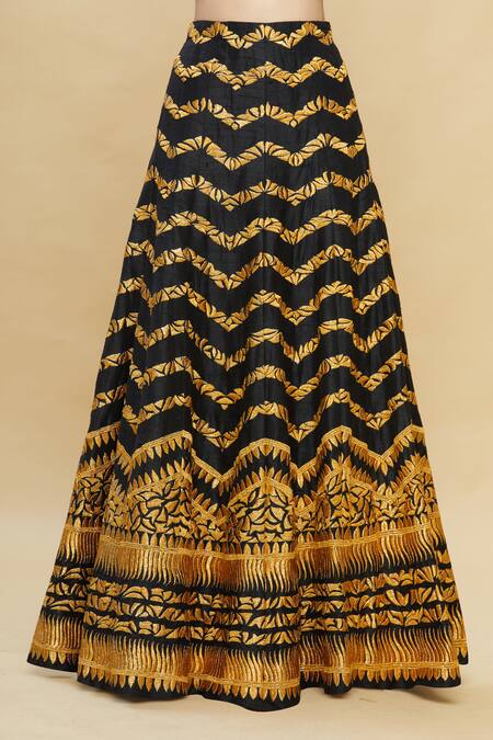 Shop_Pallavi Jaikishan_Black Raw Silk V Neck Embroidered Kalidar Lehenga Set _Online_at_Aza_Fashions