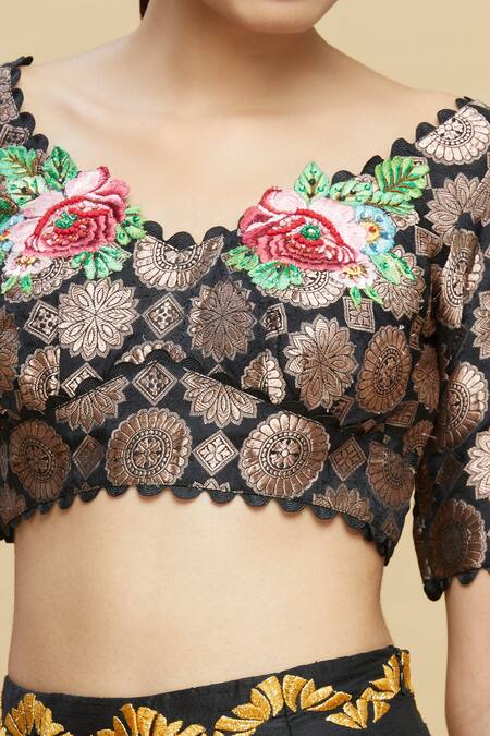 Pallavi Jaikishan_Black Raw Silk V Neck Embroidered Kalidar Lehenga Set _at_Aza_Fashions