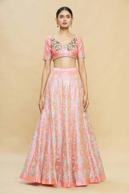 Pallavi Jaikishan_Pink Raw Silk V Neck Embroidered Kalidar Bridal Lehenga Set _Online_at_Aza_Fashions