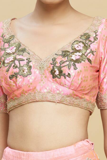 Pallavi Jaikishan_Pink Raw Silk V Neck Embroidered Kalidar Bridal Lehenga Set _at_Aza_Fashions