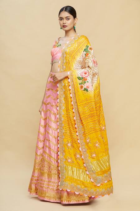 Buy_Pallavi Jaikishan_Pink Raw Silk V Neck Embroidered Kalidar Bridal Lehenga Set _Online_at_Aza_Fashions