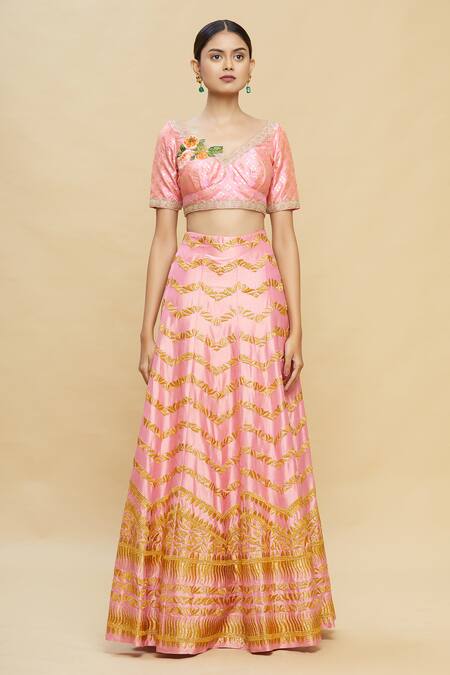 Pallavi Jaikishan_Pink Raw Silk V Neck Embroidered Kalidar Bridal Lehenga Set _Online_at_Aza_Fashions