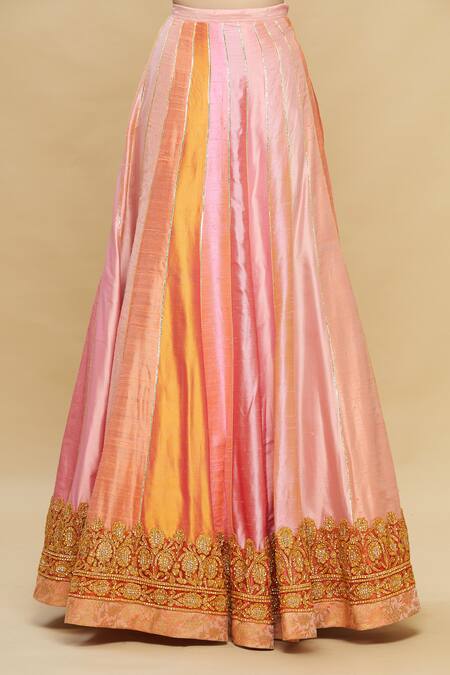 Shop_Pallavi Jaikishan_Pink Raw Silk V Neck Embroidered Kalidar Lehenga Set _Online_at_Aza_Fashions