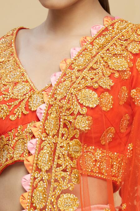 Pallavi Jaikishan_Pink Raw Silk V Neck Embroidered Kalidar Lehenga Set _at_Aza_Fashions