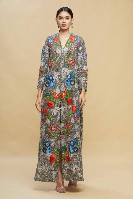 Buy_Pallavi Jaikishan_Multi Color Net Brocade V Neck Emrboidered Jacket And Pant Set _Online_at_Aza_Fashions