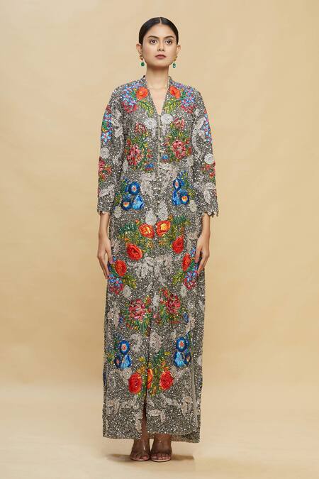 Pallavi Jaikishan_Multi Color Net Brocade V Neck Emrboidered Jacket And Pant Set _Online_at_Aza_Fashions