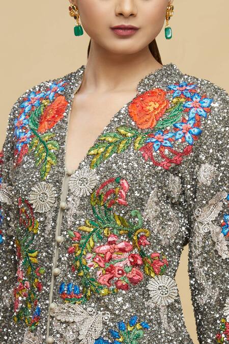 Pallavi Jaikishan_Multi Color Net Brocade V Neck Emrboidered Jacket And Pant Set _at_Aza_Fashions