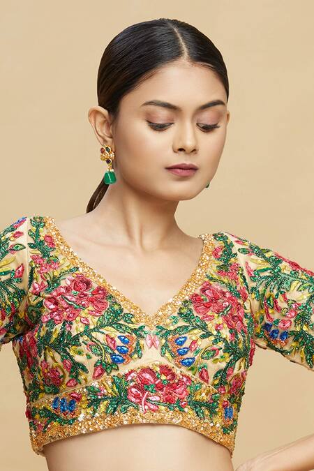 Shop_Pallavi Jaikishan_Beige Net V Neck Embroidered Blouse_Online_at_Aza_Fashions