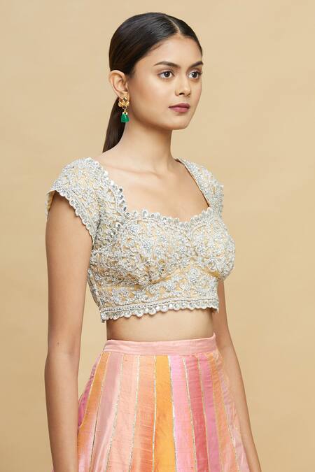 Pallavi Jaikishan_Beige Net Sweetheart Neck Embroidered Blouse_Online_at_Aza_Fashions