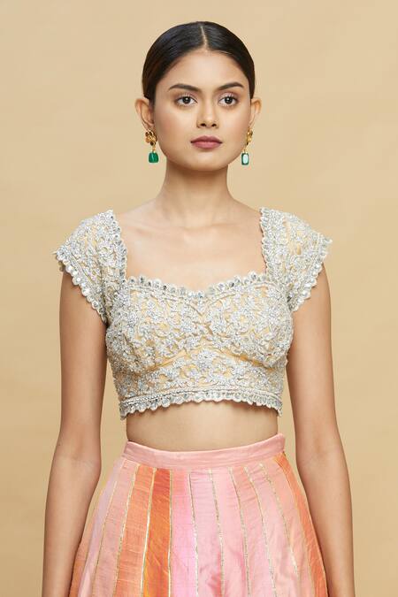 Buy_Pallavi Jaikishan_Beige Net Sweetheart Neck Embroidered Blouse_Online_at_Aza_Fashions