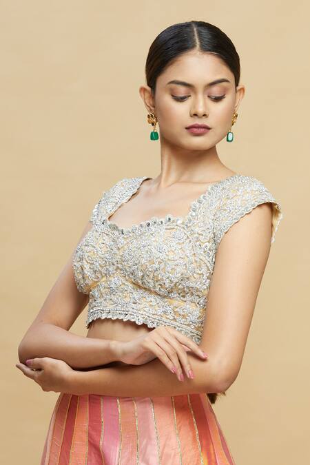 Shop_Pallavi Jaikishan_Beige Net Sweetheart Neck Embroidered Blouse_Online_at_Aza_Fashions