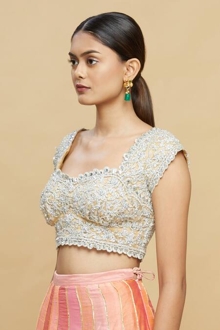 Pallavi Jaikishan_Beige Net Sweetheart Neck Embroidered Blouse_at_Aza_Fashions