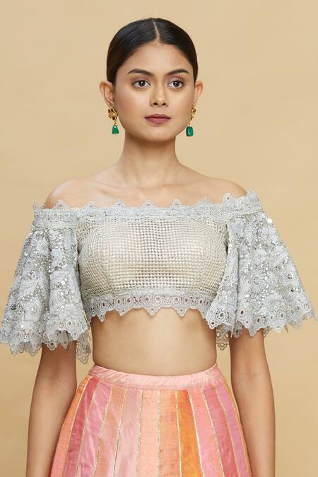 Shop_Pallavi Jaikishan_White Net Straight Embroidered Off Shoulder Blouse_Online_at_Aza_Fashions