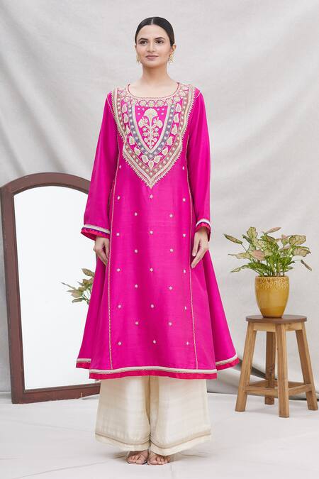 Buy Ekta Singh Pink Silk Round Panelled Kurta Set Online at Aza Fashions Buy_Ekta Singh_Pink Silk Round Panelled Kurta Set _Online_at_Aza_Fashions