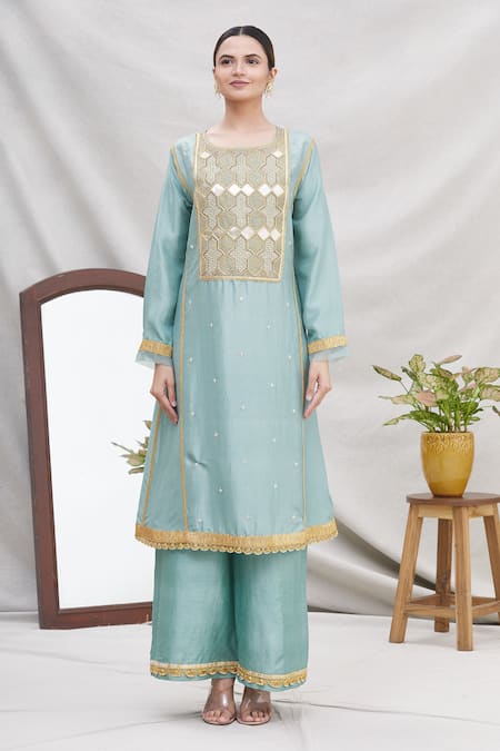 Buy Ekta Singh Blue Silk Round Panelled Kurta Set Online at Aza Fashions Buy_Ekta Singh_Blue Silk Round Panelled Kurta Set _Online_at_Aza_Fashions