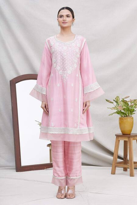 Buy_Ekta Singh_Pink Silk Round Panelled Kurta Set _Online_at_Aza_Fashions