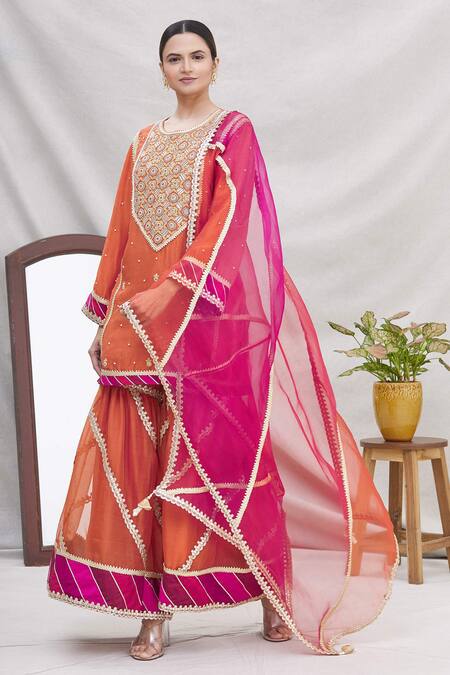 Ekta Singh Orange Silk Round Kurta Sharara Set Online at Aza Fashions Ekta Singh_Orange Silk Round Kurta Sharara Set _Online_at_Aza_Fashions