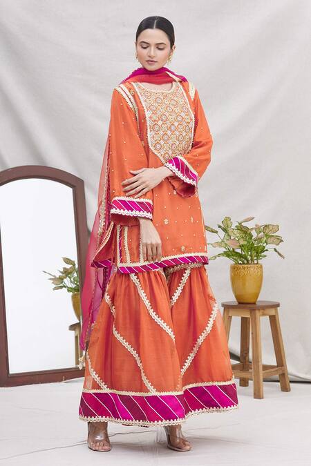 Buy Ekta Singh Orange Silk Round Kurta Sharara Set Online at Aza Fashions Buy_Ekta Singh_Orange Silk Round Kurta Sharara Set _Online_at_Aza_Fashions