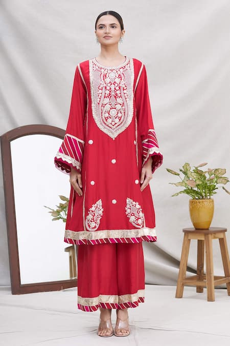Buy Ekta Singh Red Silk Round Panelled Kurta Set Online at Aza Fashions Buy_Ekta Singh_Red Silk Round Panelled Kurta Set _Online_at_Aza_Fashions