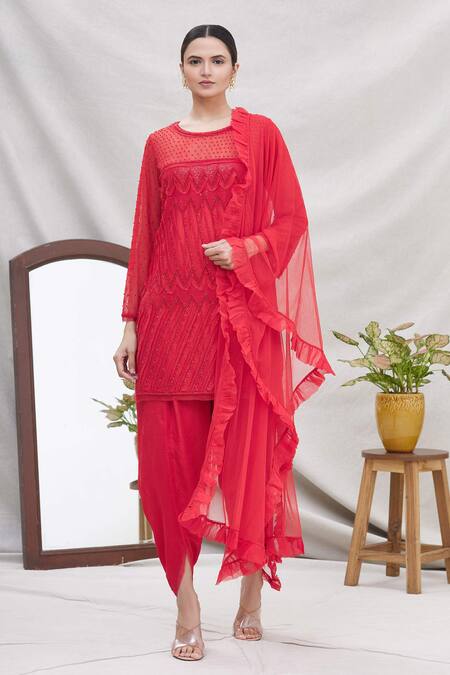 Buy Ekta Singh Red Round Silk Net Kurta And Dhoti Pant Set Online at Aza Fashions Buy_Ekta Singh_Red Round Silk Net Kurta And Dhoti Pant Set _Online_at_Aza_Fashions