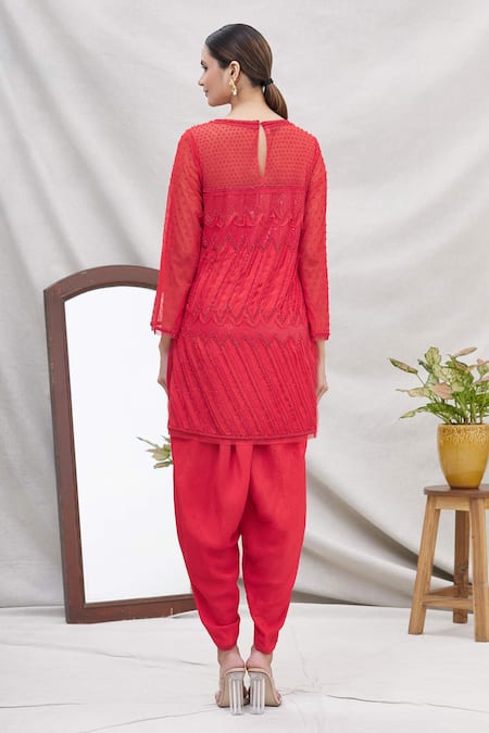 Shop Ekta Singh Red Round Silk Net Kurta And Dhoti Pant Set at Aza Fashions Shop_Ekta Singh_Red Round Silk Net Kurta And Dhoti Pant Set _at_Aza_Fashions