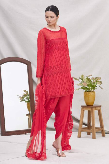 Ekta Singh Red Round Silk Net Kurta And Dhoti Pant Set Online at Aza Fashions Ekta Singh_Red Round Silk Net Kurta And Dhoti Pant Set _Online_at_Aza_Fashions