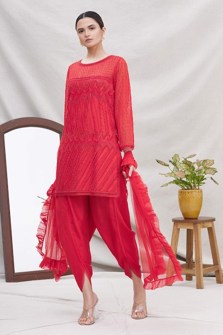 Ekta Singh Red Round Silk Net Kurta And Dhoti Pant Set 