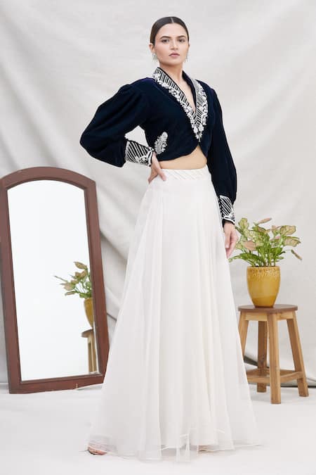 Ekta Singh_Blue Organza, Velvet V Neck Cropped Jacket And Skirt Set _Online_at_Aza_Fashions