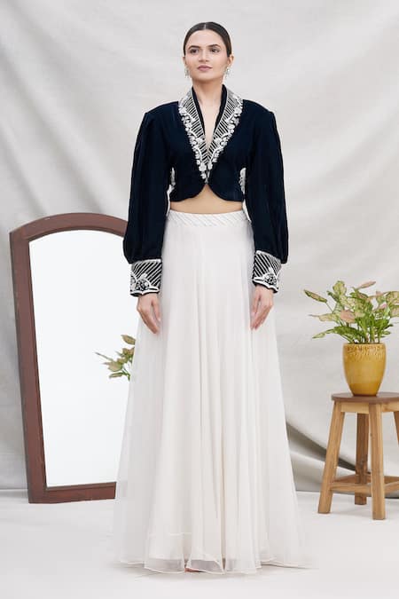 Buy_Ekta Singh_Blue Organza, Velvet V Neck Cropped Jacket And Skirt Set _Online_at_Aza_Fashions