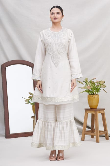 Buy Ekta Singh Silver Silk Round Kurta Sharara Set Online at Aza Fashions Buy_Ekta Singh_Silver Silk Round Kurta Sharara Set _Online_at_Aza_Fashions