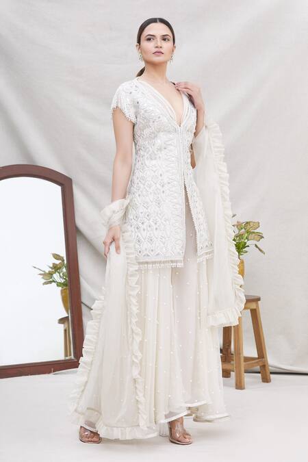 Ekta Singh_Silver Silk V Neck Embroidered Jacket And Pant Set  _Online_at_Aza_Fashions