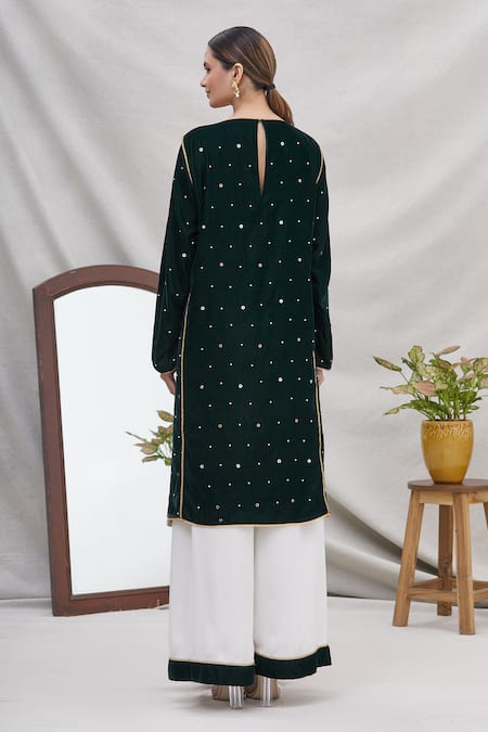 Shop_Ekta Singh_Green Organza, Velvet Round Embroidered Kurta Set _at_Aza_Fashions