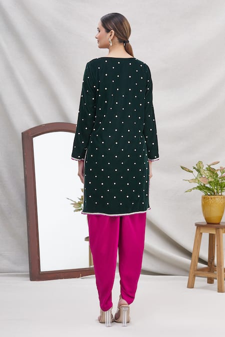 Shop Ekta Singh Green Silk, Velvet Round Kurta And Dhoti Pant Set at Aza Fashions Shop_Ekta Singh_Green Silk, Velvet Round Kurta And Dhoti Pant Set _at_Aza_Fashions