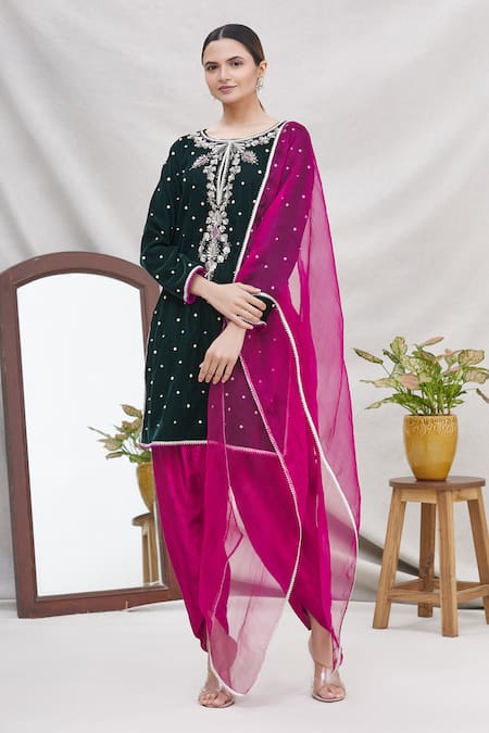 Ekta Singh Green Silk, Velvet Round Kurta And Dhoti Pant Set Online at Aza Fashions Ekta Singh_Green Silk, Velvet Round Kurta And Dhoti Pant Set _Online_at_Aza_Fashions
