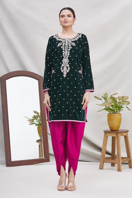 Buy Ekta Singh Green Silk, Velvet Round Kurta And Dhoti Pant Set Online at Aza Fashions Buy_Ekta Singh_Green Silk, Velvet Round Kurta And Dhoti Pant Set _Online_at_Aza_Fashions